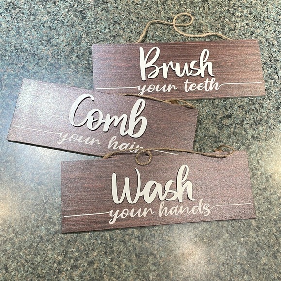 Bathroom Rules Wall Hangings 3 wood signs with jute and hangers Brush Wash Comb - Picture 1 of 8